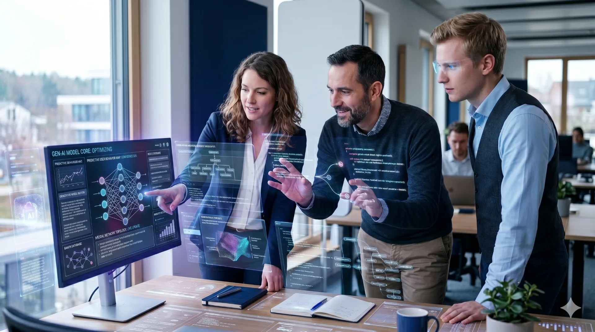 Drei Wissensarbeiter diskutieren um einen Bildschirm mit KI-Dashboard und Modell-Visualisierung im Büro