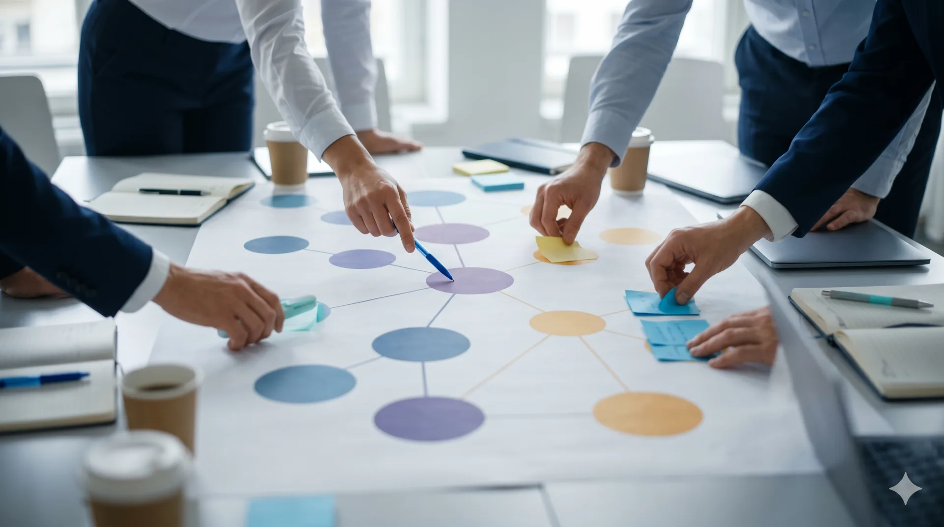 Vier Hände annotieren und verschieben Haftnotizen auf einer gedruckten Stakeholder-Map mit verbundenen Kreisen auf einem Workshop-Tisch