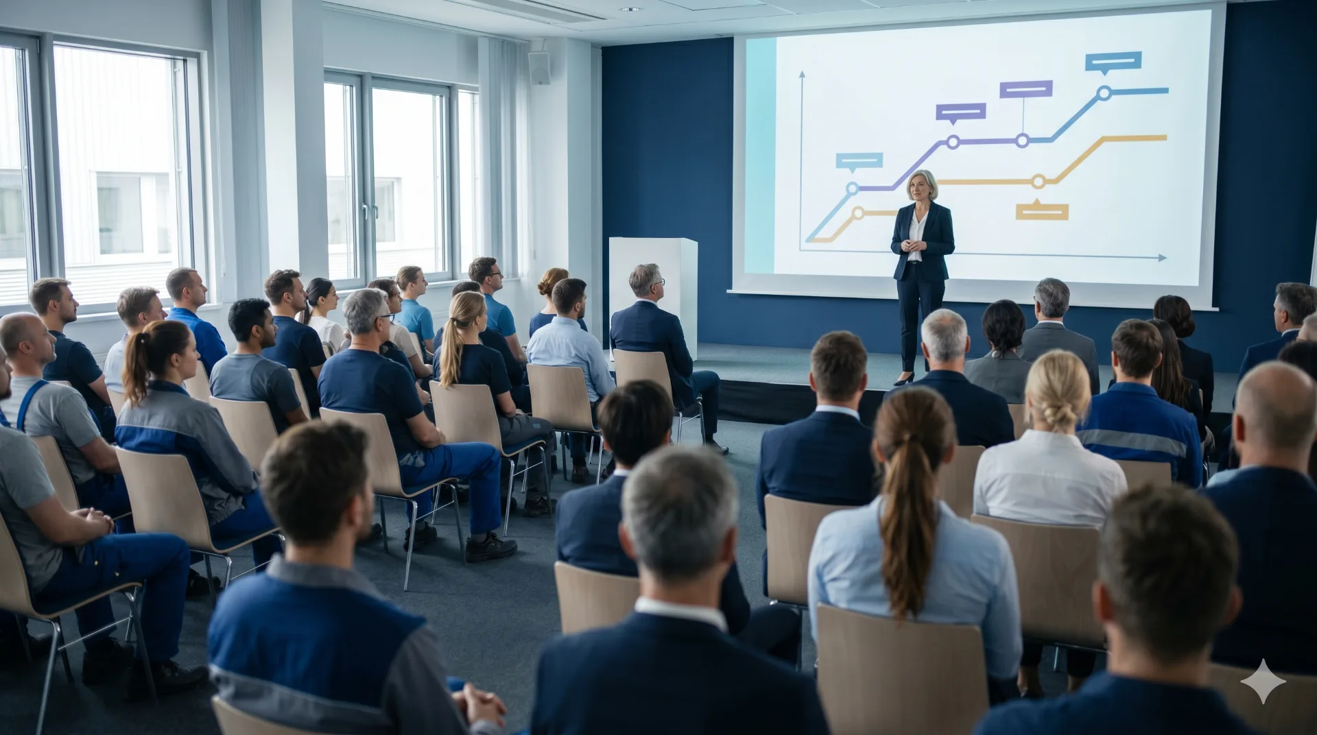 Beraterin moderiert mehrere parallele Change-Arbeitsstationen mit Widerstands-Karte, Stakeholder-Plan, ERP-Dashboard und KPI-Wand in einem deutschen Industrieunternehmen