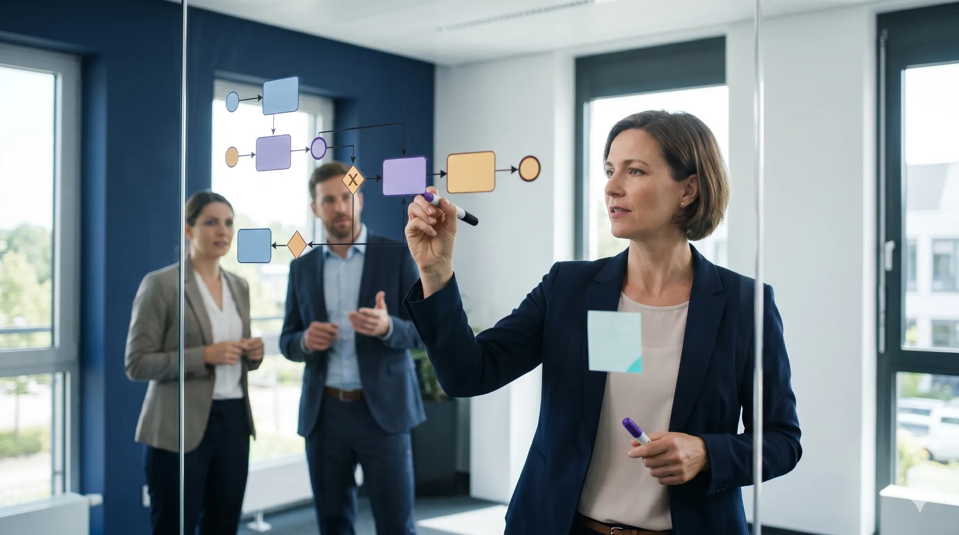 Prozess-Beraterin zeichnet einen BPMN-Prozessablauf an einer Glaswand, zwei Kollegen verfolgen die Diskussion