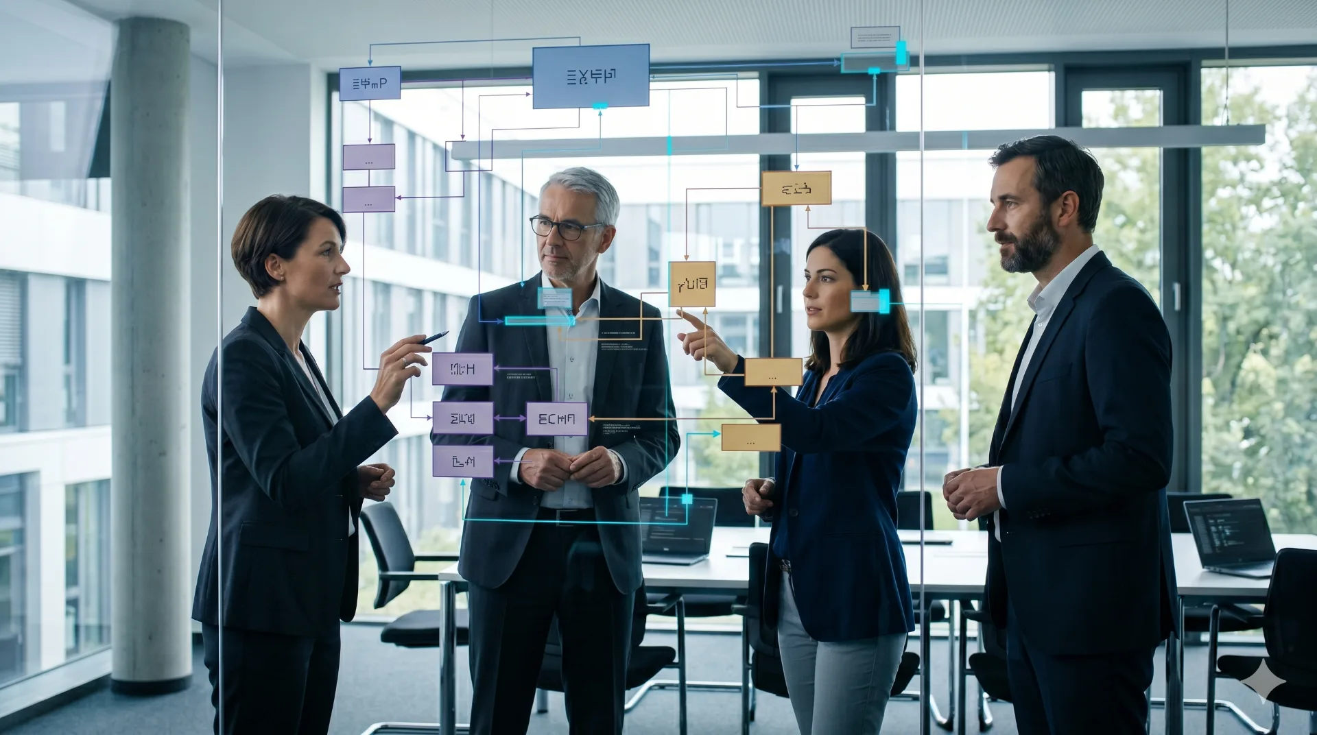 Vier IT- und Fachverantwortliche besprechen vor einer Glaswand ein Systems-Landscape-Diagramm mit ERP-, PLM-, MES- und ECM-Bausteinen