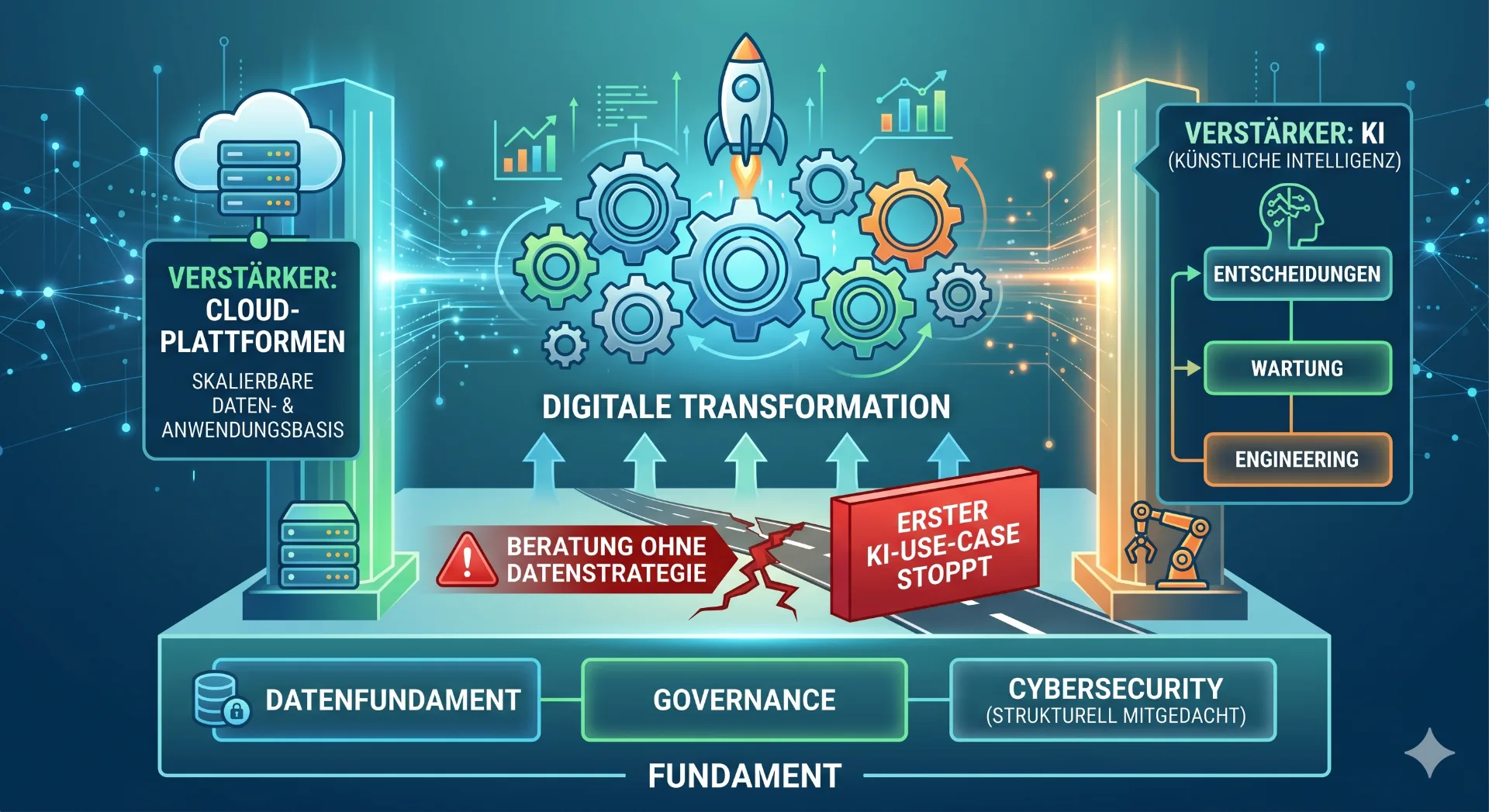 Infografik: Datenfundament, Governance und Cybersecurity als Fundament der digitalen Transformation, Cloud-Plattformen und KI als Verstärker