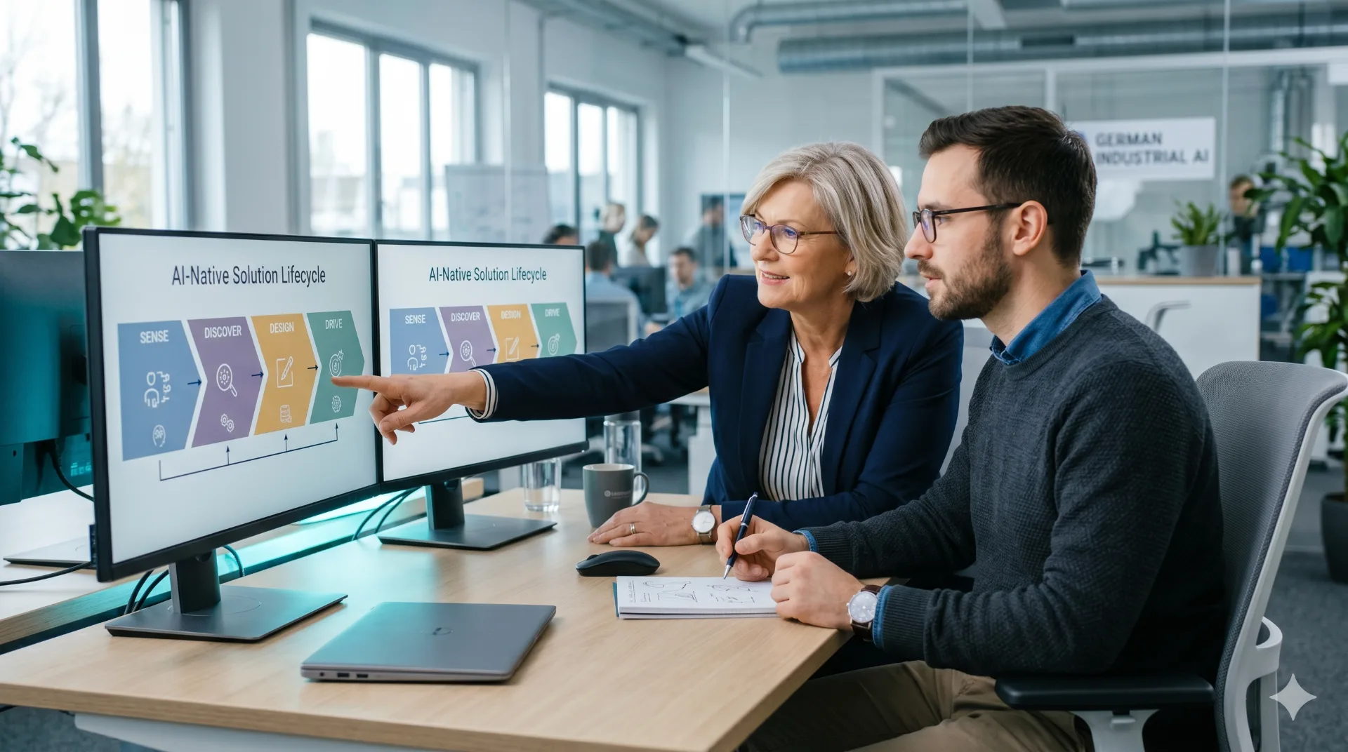 Senior-Beraterin und Data Scientist diskutieren AI-Native Solution Lifecycle mit den Phasen Sense, Discover, Design und Drive an zwei Bildschirmen