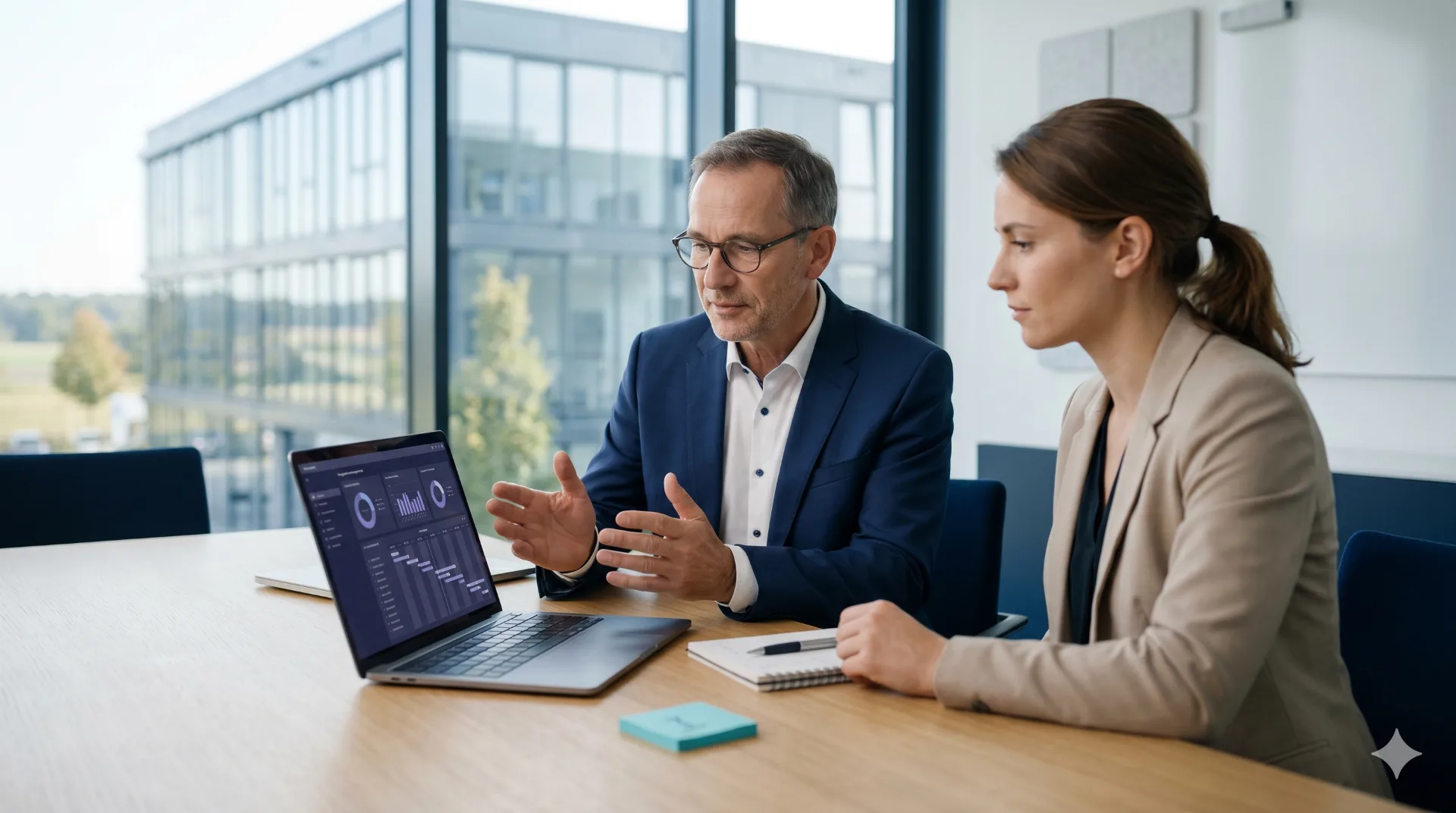 Senior-Berater im Gespräch mit einer Projektmanagerin an einem klaren Holztisch in einem modernen Beratungsbüro