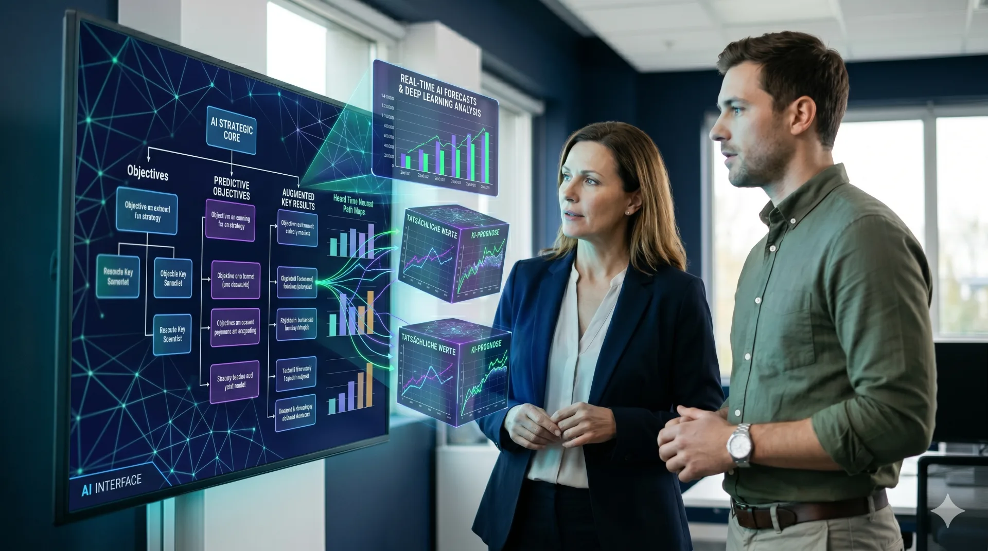 Portfolio-Managerin und Data-Analyst prüfen eine OKR-Kaskade mit KI-gestützten Forecast-Visualisierungen an einem großen Display