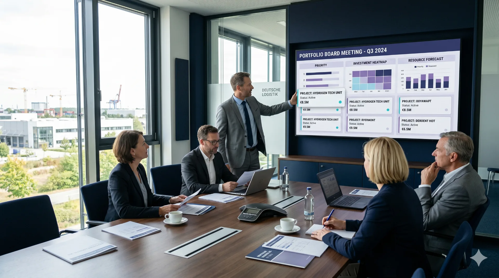Führungsteam im Portfolio-Board-Meeting vor einem Dashboard mit Prioritäten, Investment-Heatmap und Ressourcen-Forecast