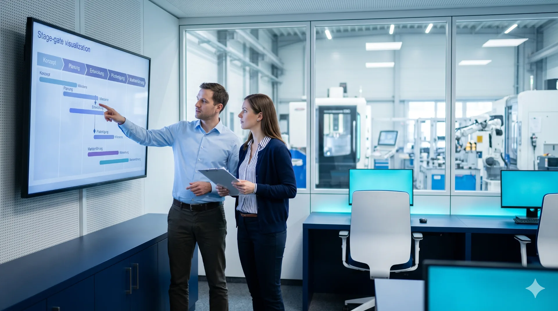 Zwei Engineering-Verantwortliche betrachten eine Stage-Gate-Visualisierung mit Konzept-, Planungs-, Entwicklungs- und Markteinführungsphasen in einer modernen Fertigung