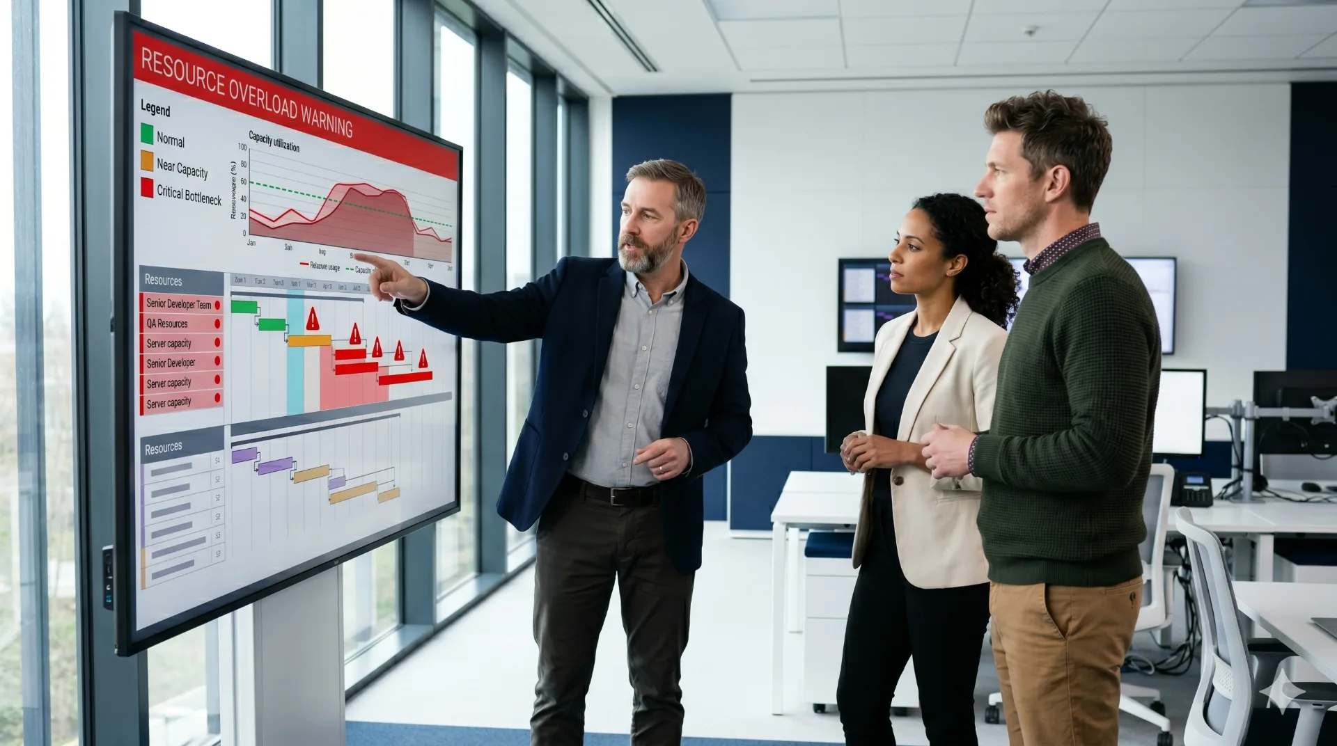 Ressourcen-Manager erläutert an einem Wand-Display einen Critical-Chain-Gantt mit hervorgehobenen Engpass-Ressourcen, zwei Projektleiter:innen verfolgen die Analyse
