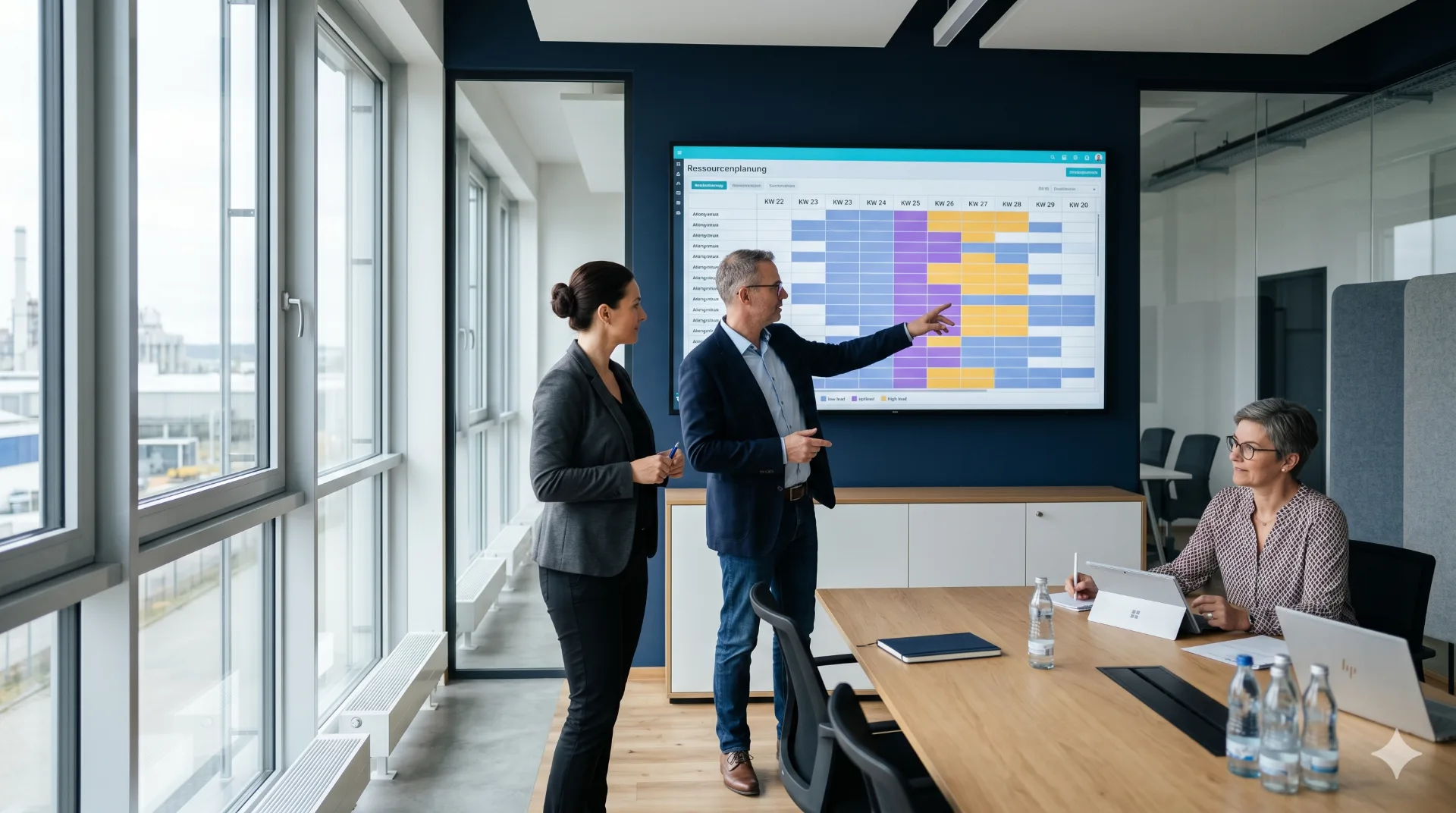 Zwei Ressourcen-Manager besprechen eine Ressourcenplanung mit wochenbasierter Heatmap an einem großen Display, eine Kollegin macht Notizen am Tablet